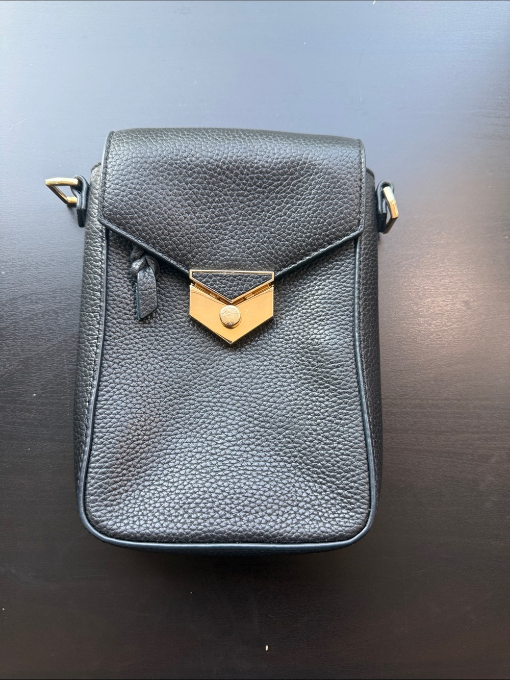 Black Pebbled Crossbody Messenger Bag with Gold Hardware